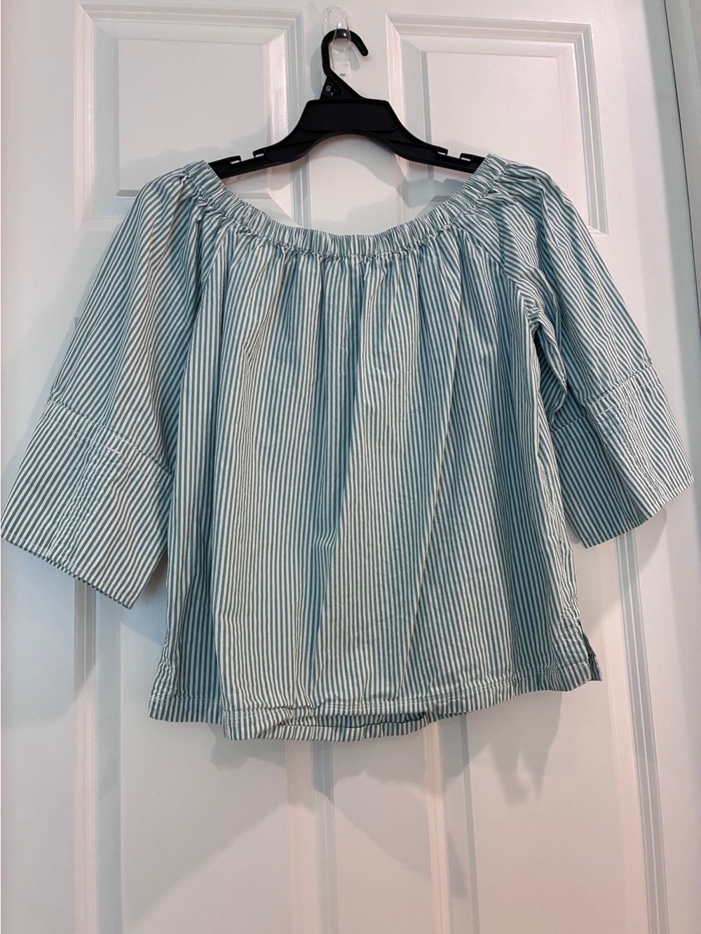 Striped Off-Shoulder Blouse in Light‎ Blue and White